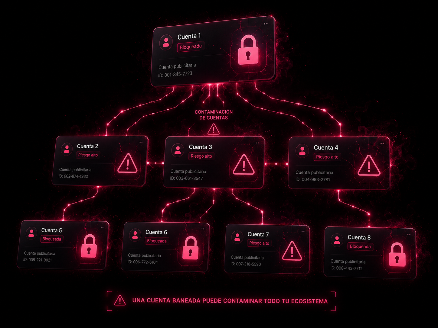Red de cuentas conectadas: la principal bloqueada arriba y las demás en riesgo alto