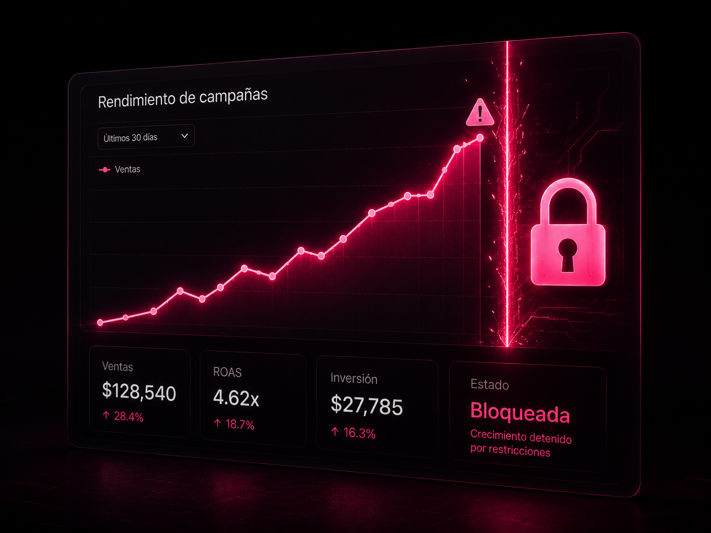 Dashboard publicitario con popup central de candado: cuenta inhabilitada