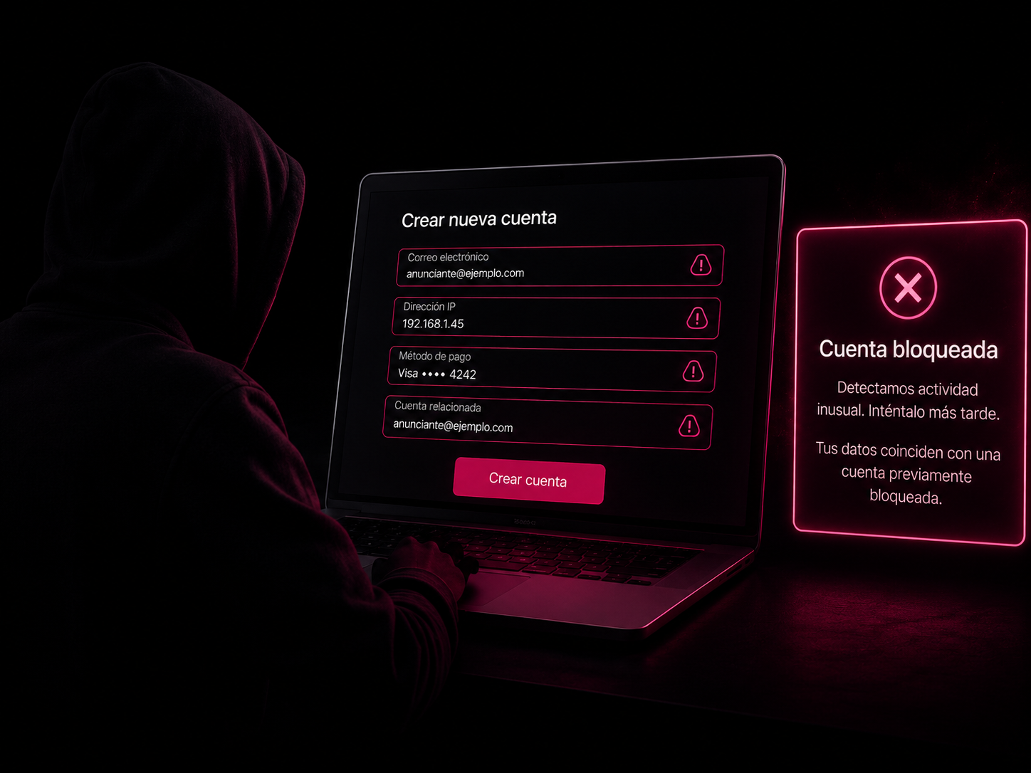 Usuario con hoodie frente a una laptop creando una nueva cuenta y recibiendo aviso de coincidencia con cuenta bloqueada